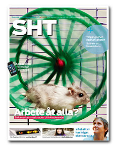 Omslaget till SHT 1-13. En hamster springer i sitt hjul. Text: Arbete åt alla?