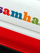 En del av Samhalls logga på en bildörr.