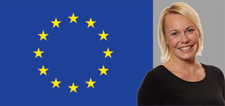 Kollage: EU-flaggan och forskaren Johanna Gustavsson
